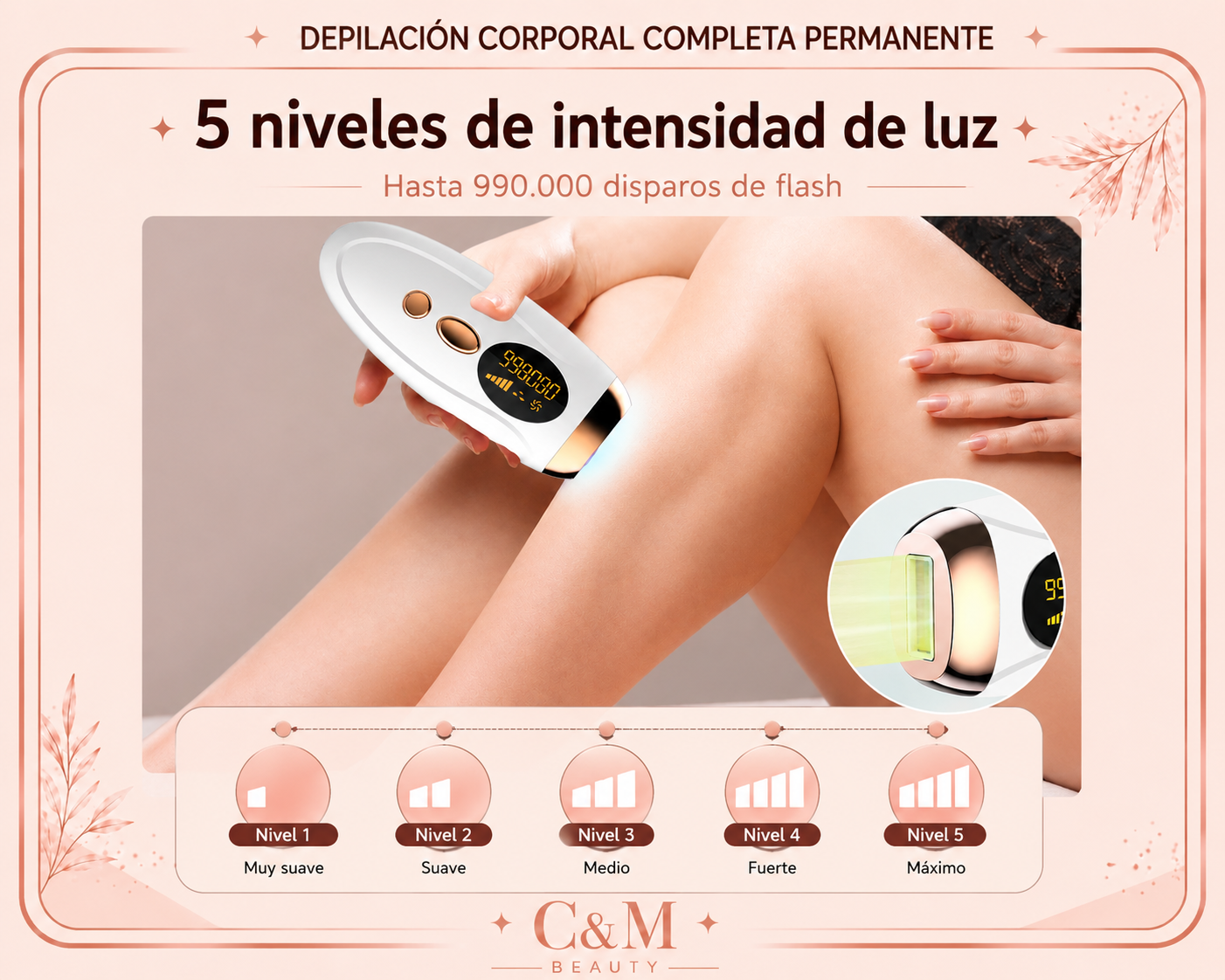 Depiladora IPL con 5 niveles de intensidad ajustables, del nivel suave al máximo - CYM