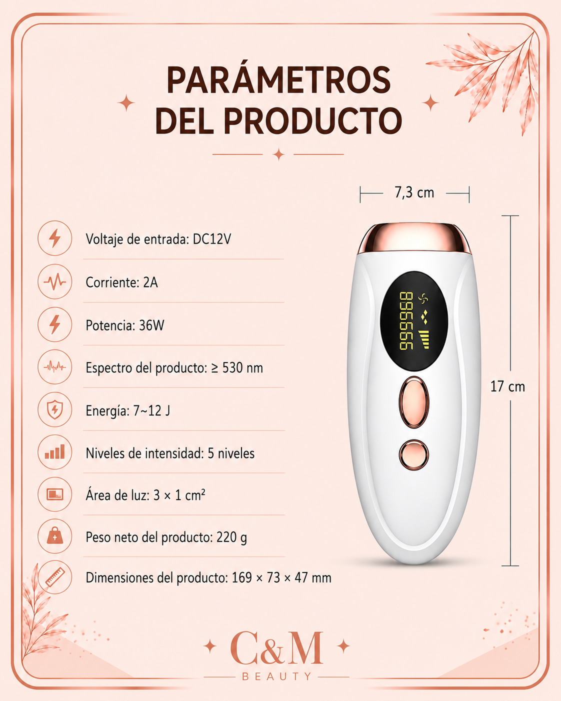 Parámetros técnicos de la depiladora IPL: 36W, 5 niveles de intensidad y 990.000 pulsos - CYM