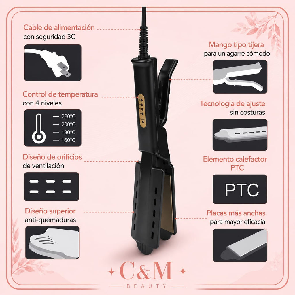 Características de la plancha profesional: 4 niveles de temperatura, calentador PTC y diseño anti-quemaduras - CYM