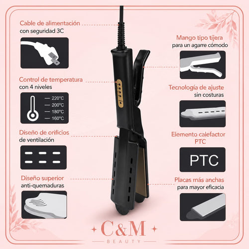 Características de la plancha profesional: 4 niveles de temperatura, calentador PTC y diseño anti-quemaduras - CYM