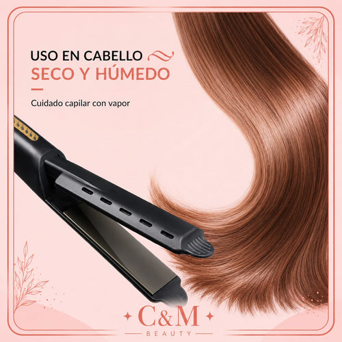 Plancha para uso en cabello seco y húmedo con cuidado capilar por vapor - CYM