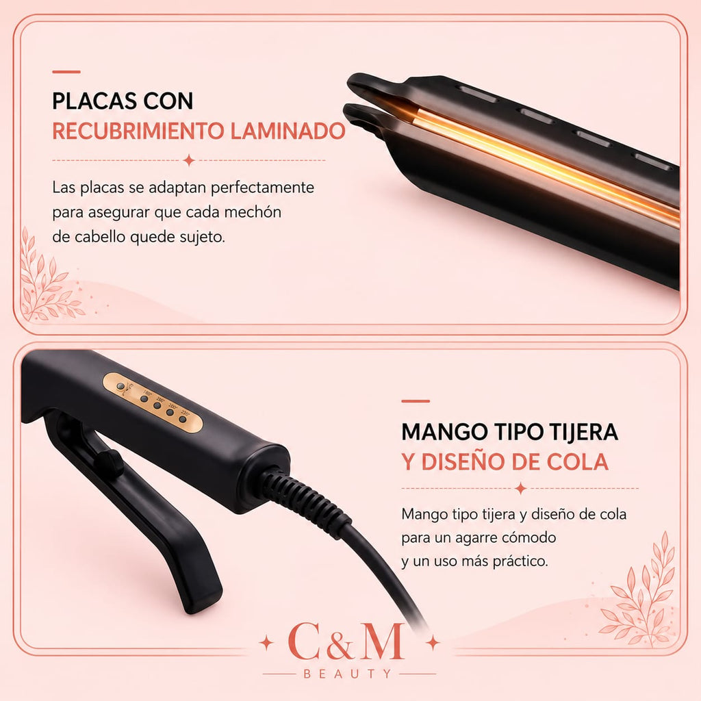 Plancha con placas de recubrimiento laminado y mango tipo tijera para un agarre cómodo - CYM