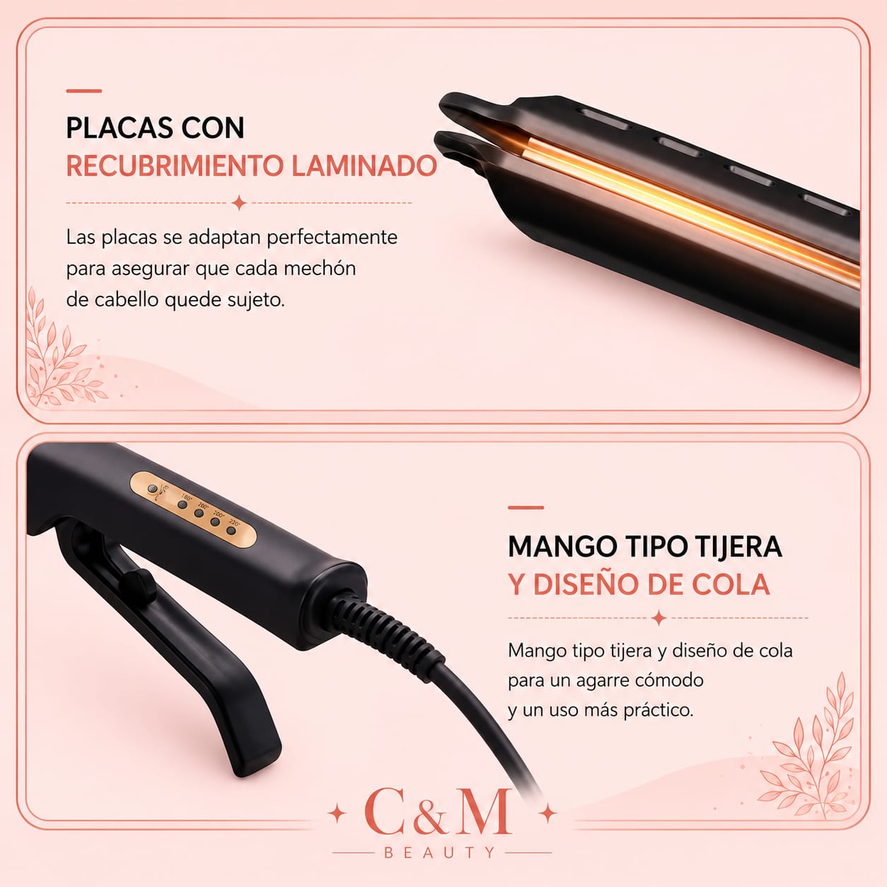 Plancha con placas de recubrimiento laminado y mango tipo tijera para un agarre cómodo - CYM