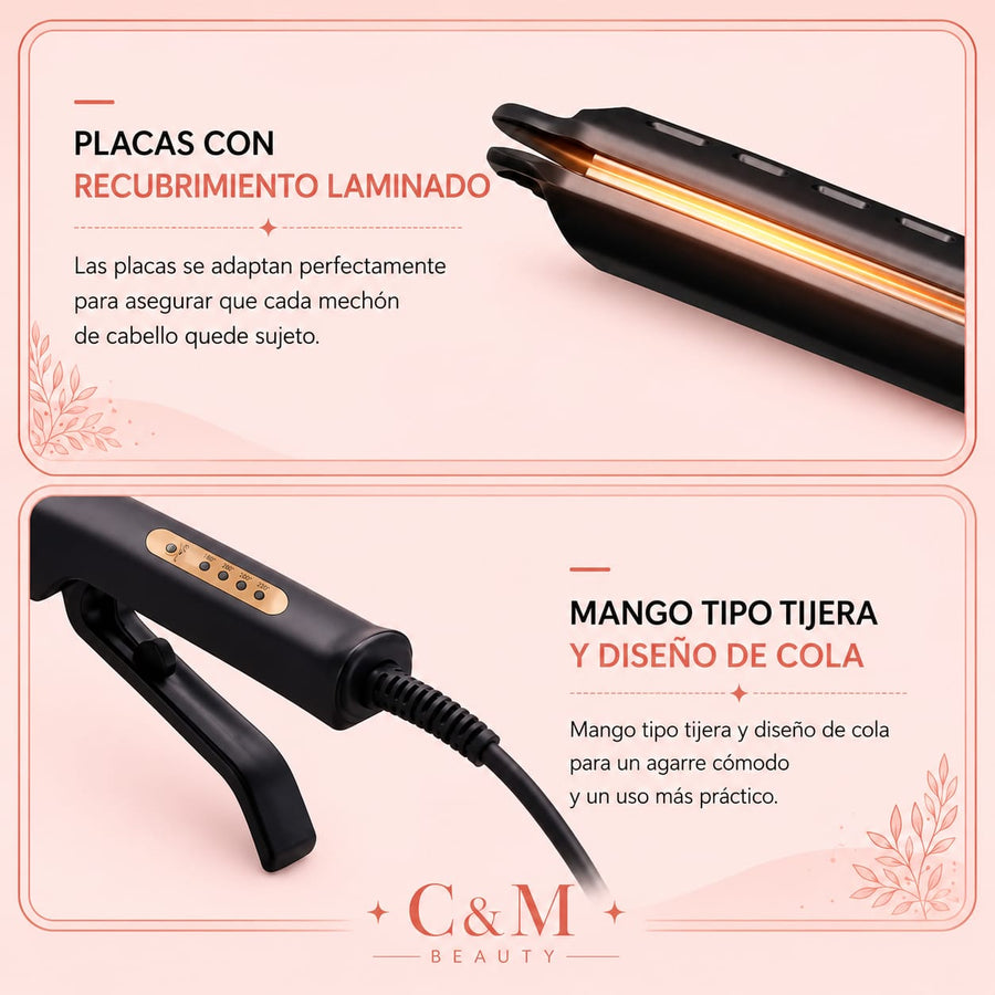 Plancha con placas de recubrimiento laminado y mango tipo tijera para un agarre cómodo - CYM