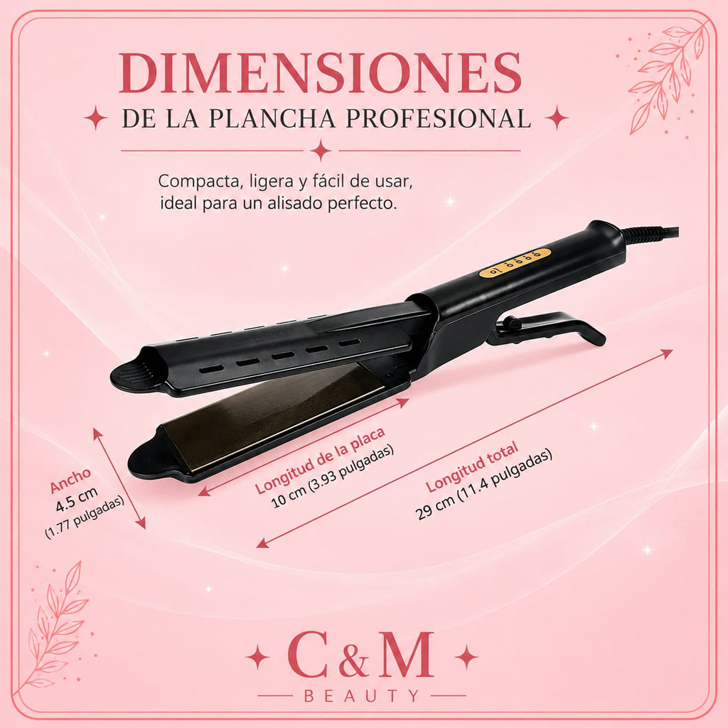 Dimensiones de la plancha profesional: compacta y ligera, ideal para viajar - CYM