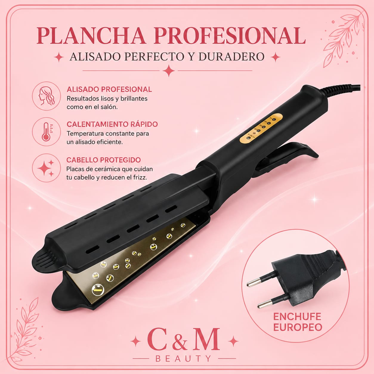 Plancha profesional para alisado perfecto y duradero con enchufe europeo - CYM