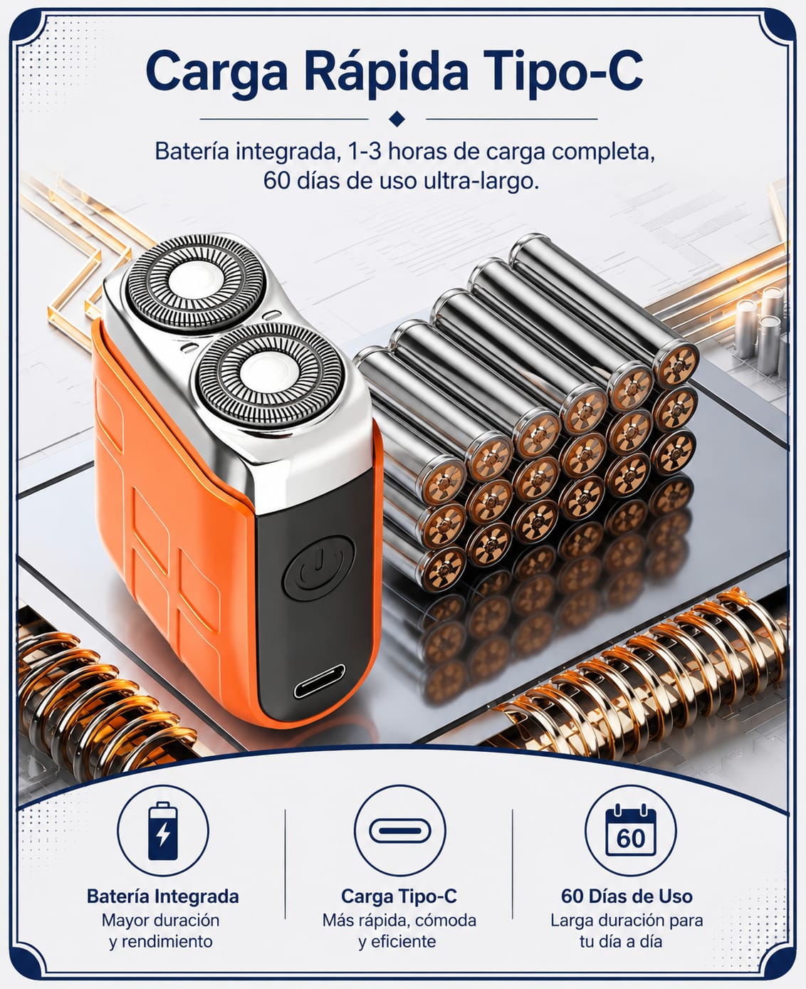 Afeitadora con carga rápida USB tipo-C, batería de larga duración hasta 60 días de uso - CYM