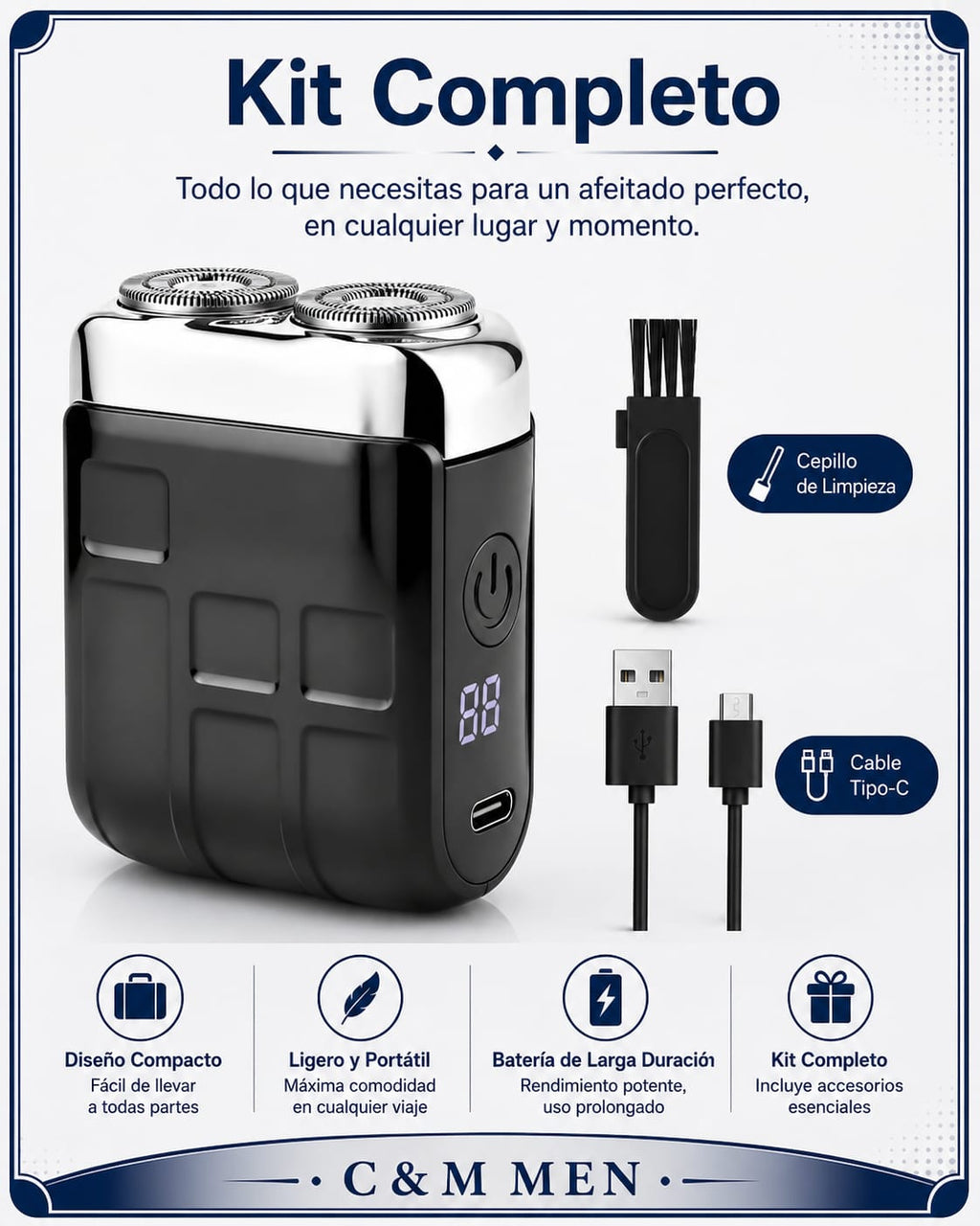 Afeitadora eléctrica de viaje con kit completo: cepillo de limpieza y cable USB tipo-C - CYM