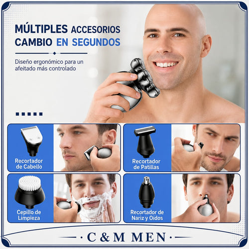 Afeitadora 7D Pro en uso: kit con múltiples accesorios de cambio rápido - CYM