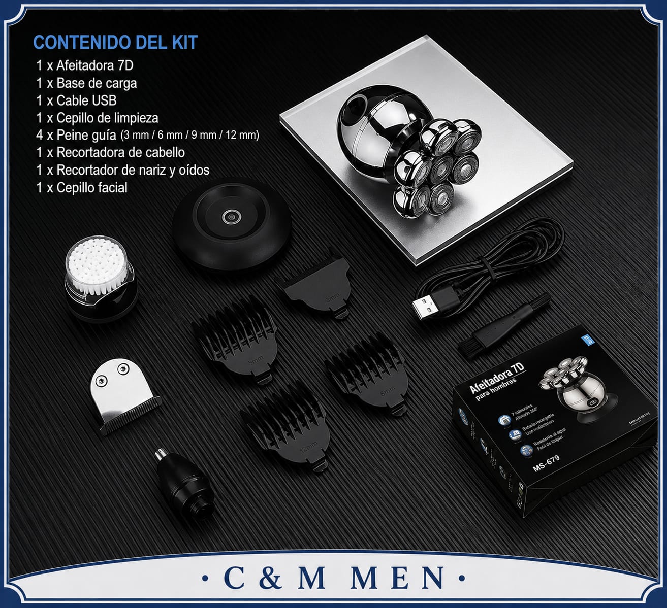 Afeitadora eléctrica 7D Pro con kit completo de accesorios para el cuidado masculino - CYM