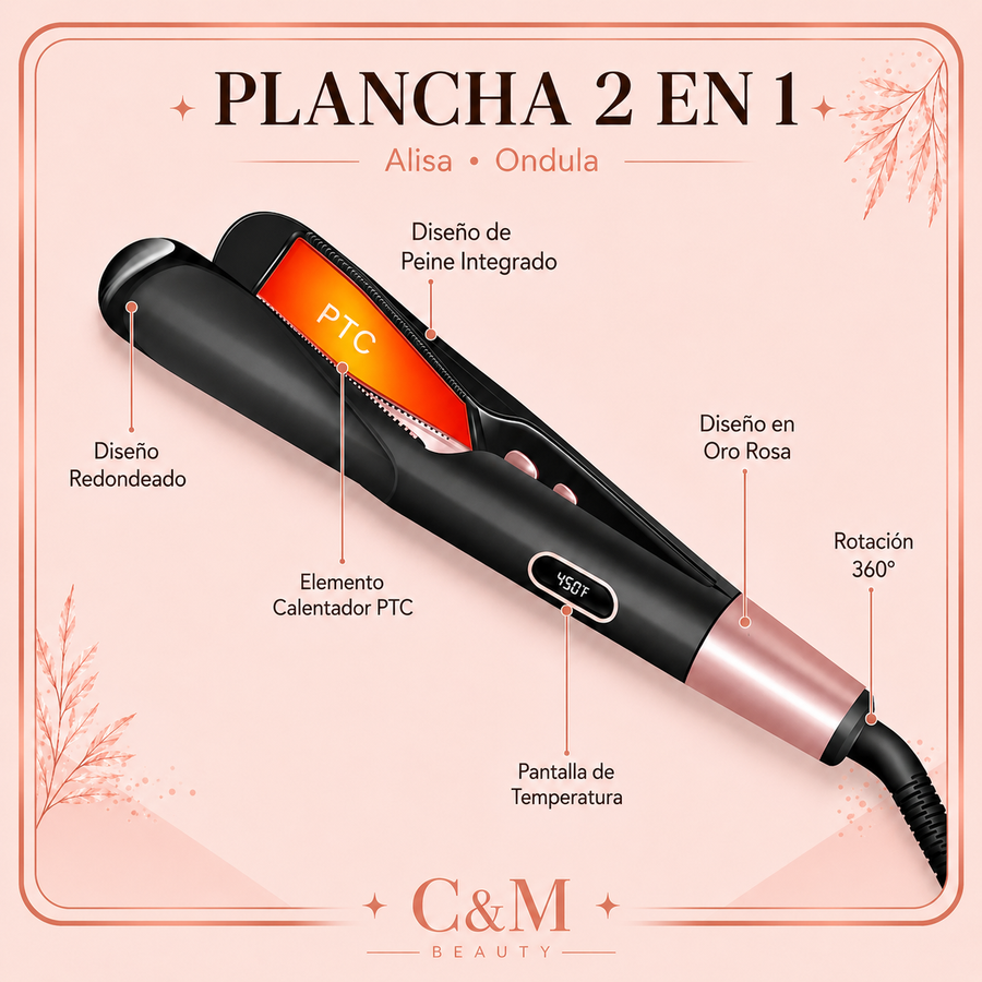 Plancha 2 en 1 con calentamiento PTC, pantalla de temperatura y rotación de cable 360° - CYM