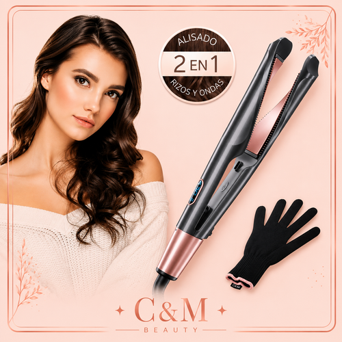 Plancha 2 en 1 con guante resistente al calor para rizos, ondas y alisado - CYM